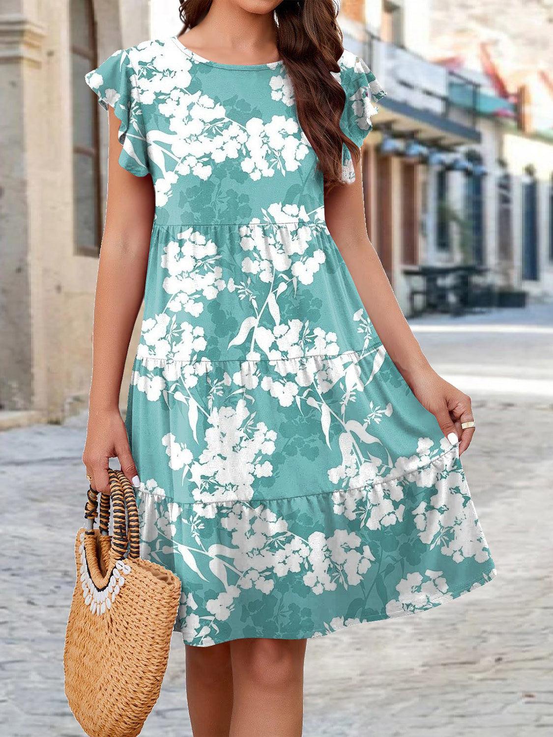 Printed Round Neck Tiered Dress