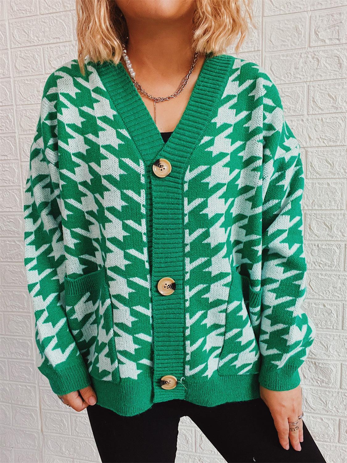 Houndstooth Botton Front Cardigan with Pockets