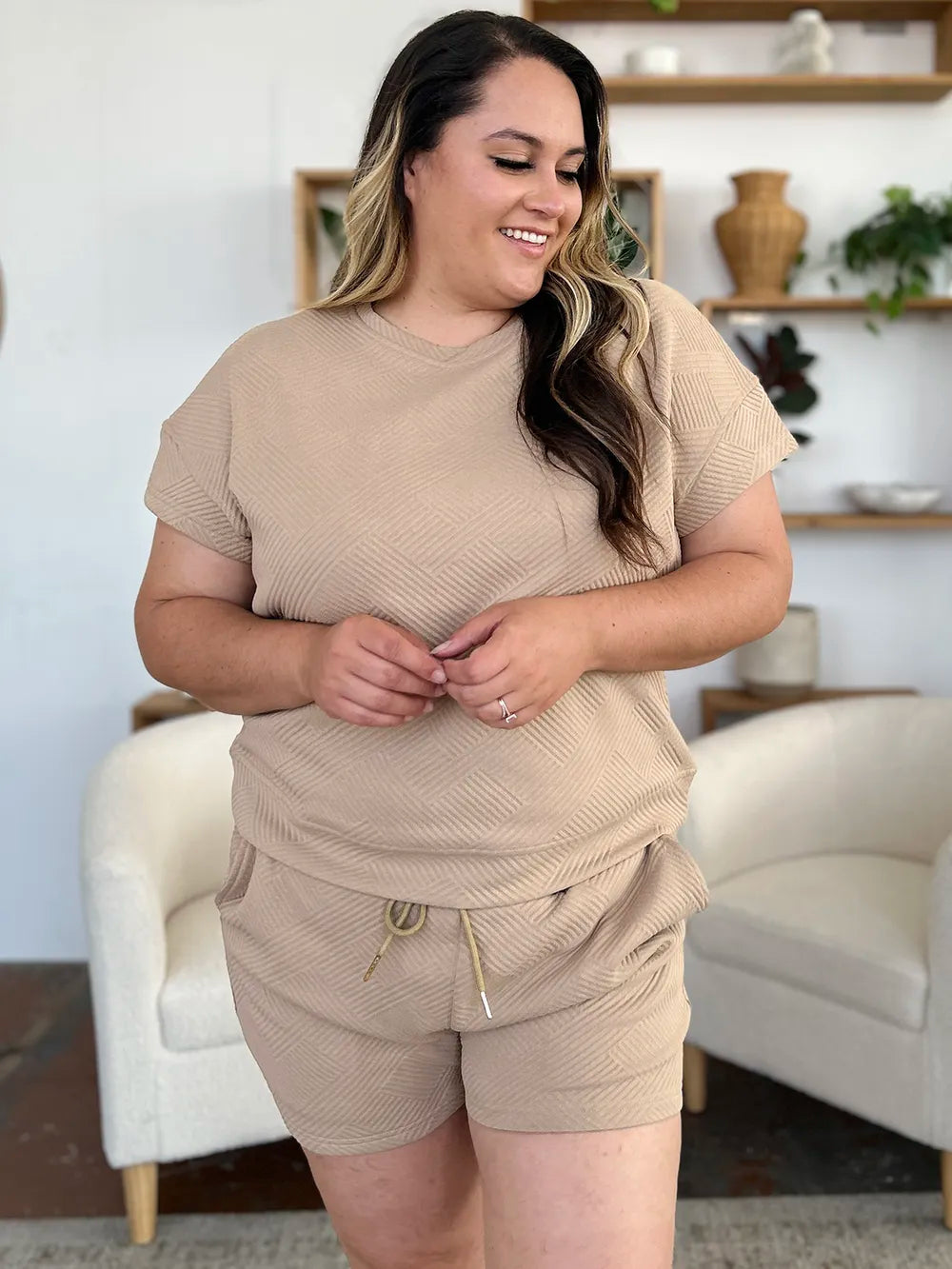 Double Take Full Size Texture Short Sleeve T-Shirt and Drawstring Shorts Set CaRaUaNa Fashion