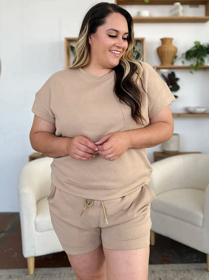 Double Take Full Size Texture Short Sleeve T-Shirt and Drawstring Shorts Set CaRaUaNa Fashion