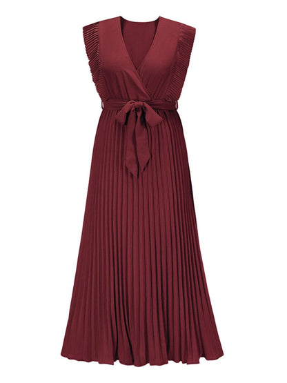 Tied Surplice Cap Sleeve Pleated Dress