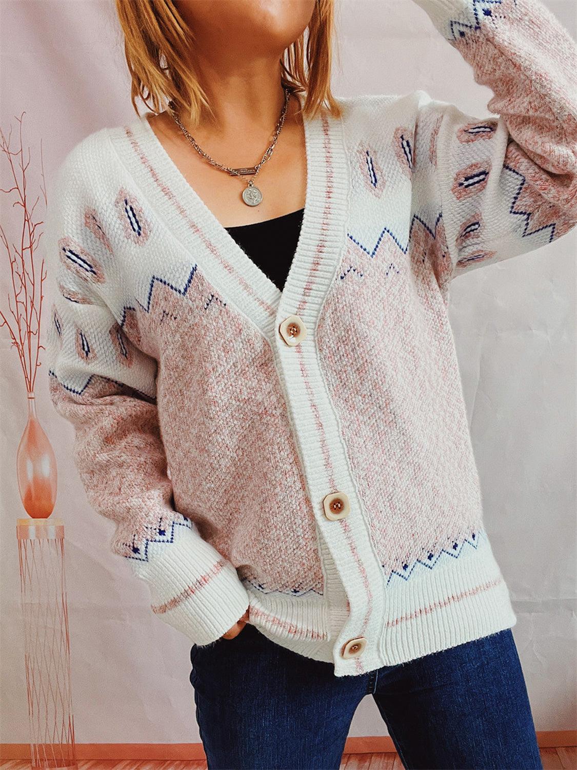 Geometric Button Front Long Sleeve Cardigan