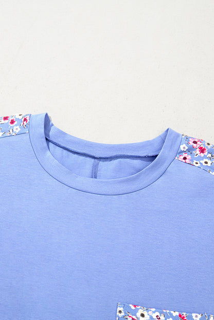 Sky Blue Floral Patchwork Chest Pocket Crewneck Plus Size T Shirt