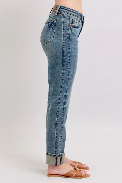 Judy Blue Full Size Mid Rise Vintage Wash Double Roll Cuff Boyfriend Jeans Plus Size Carauana Store