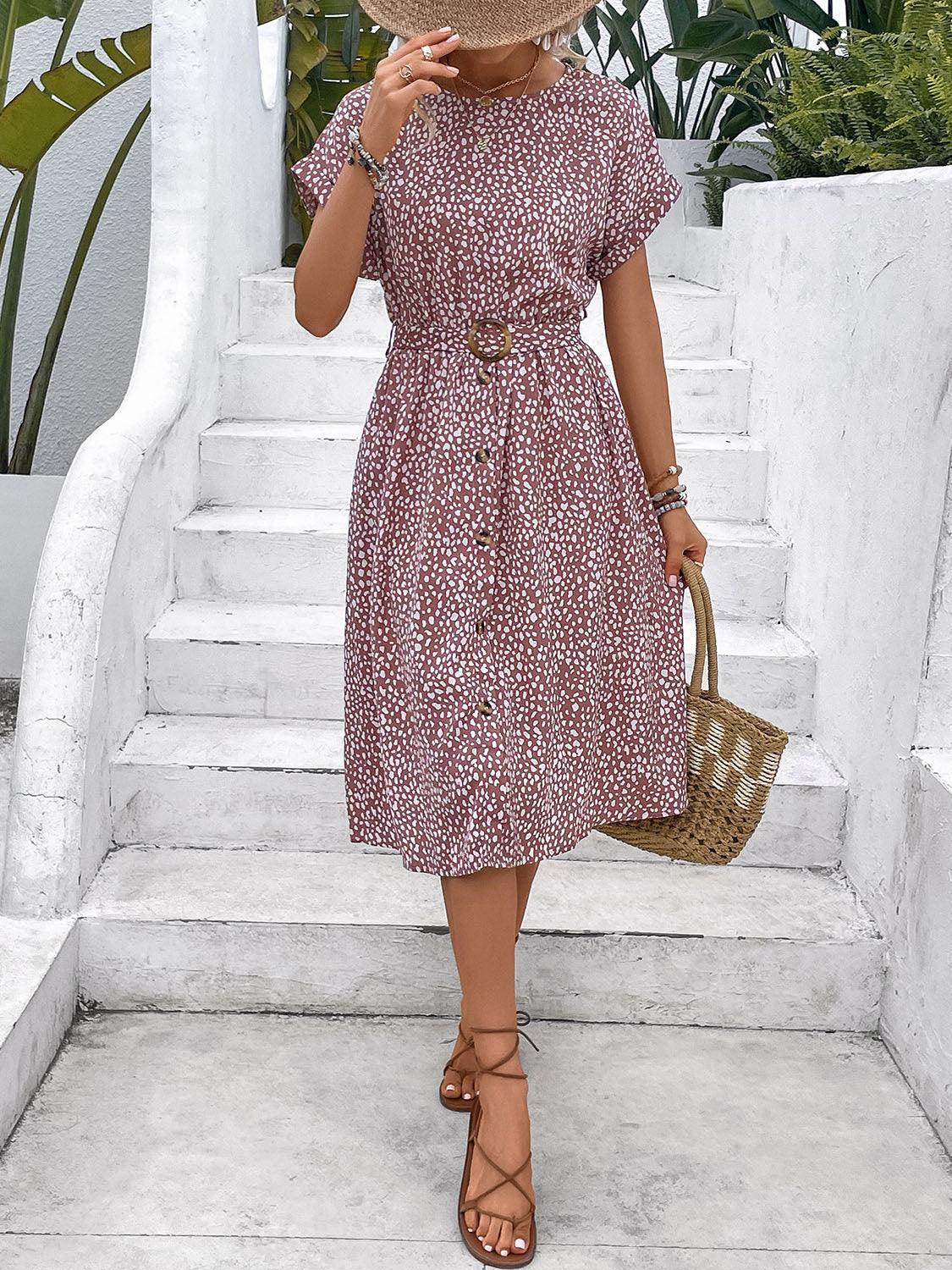 Printed Round Neck Short Sleeve Dress