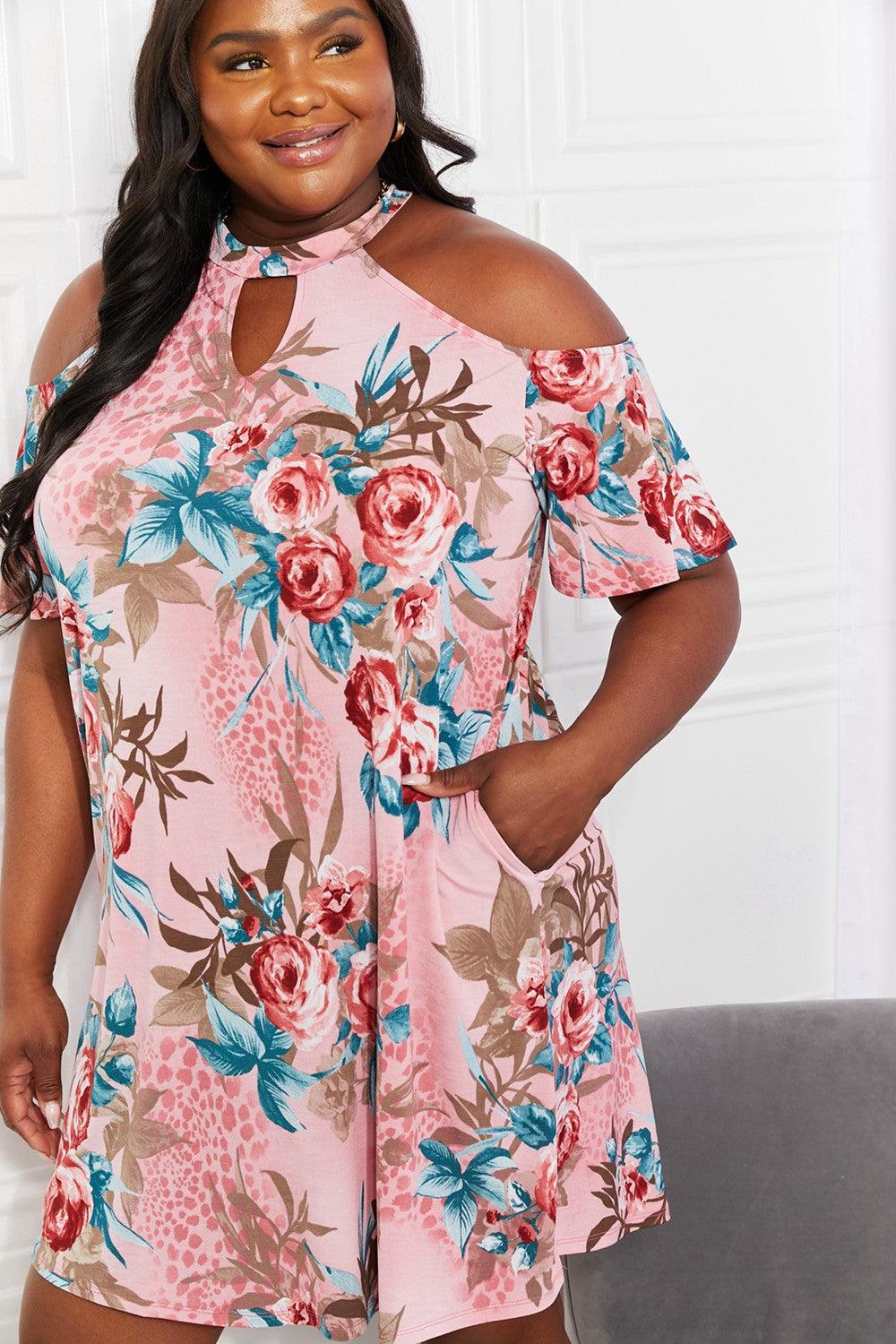 Sew In Love Full Size Fresh-Cut Flowers Cold-Shoulder Dress Carauana Store