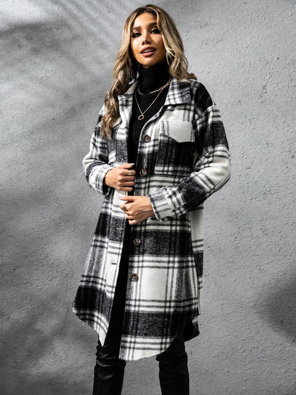 Plaid Collared Neck Long Sleeve Coat Carauana Store