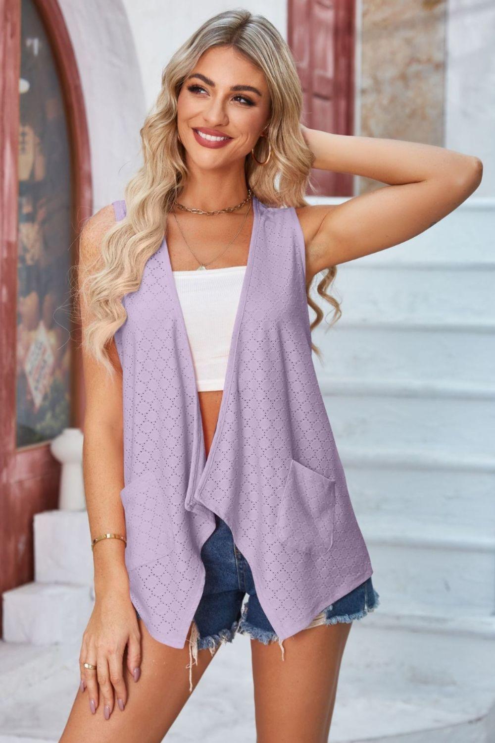 Eyelet Open Front Sleeveless Cardigan