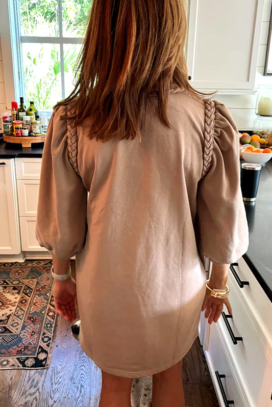Light French Beige Braided Trim Puff Sleeve Dress