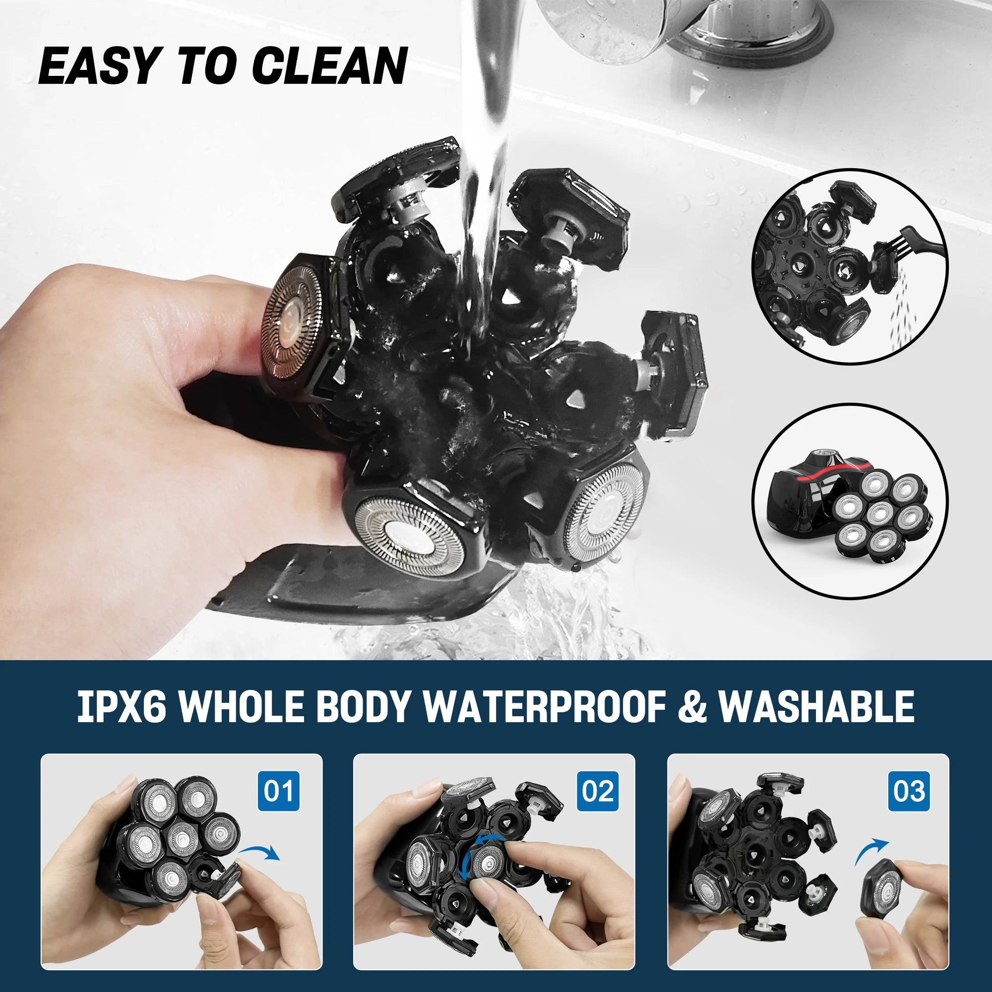 Hand washing a black 7D detachable head shaver with water, showing its IPX6 waterproof feature.