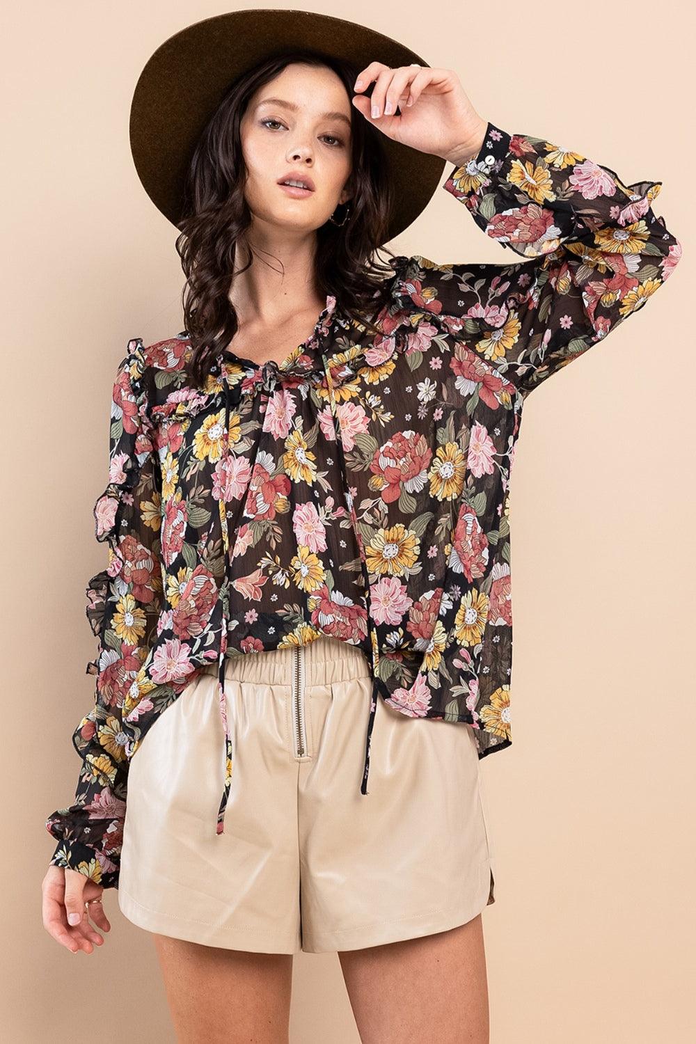 Ces Femme Ruffle Trim Long Sleeve Floral Blouse