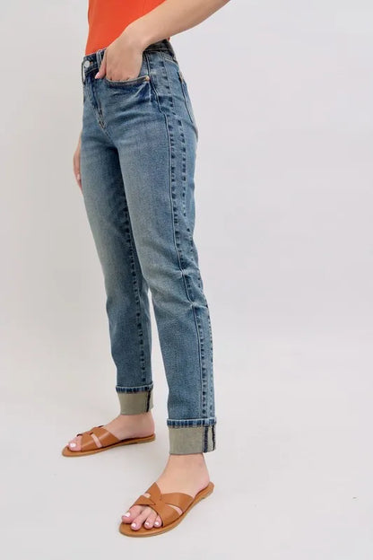 Judy Blue Full Size Mid Rise Vintage Wash Double Roll Cuff Boyfriend Jeans Plus Size Carauana Store