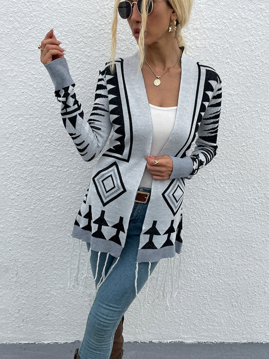 Shiny Geometric Fringe Hem Open Front Cardigan