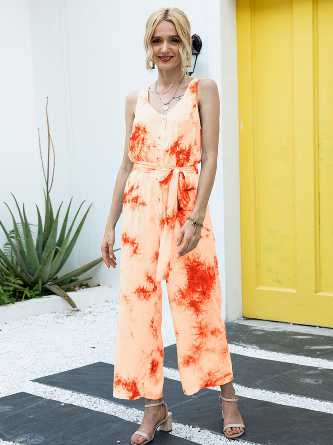 Tie-Dye Tie Waist Sleeveless Jumpsuit