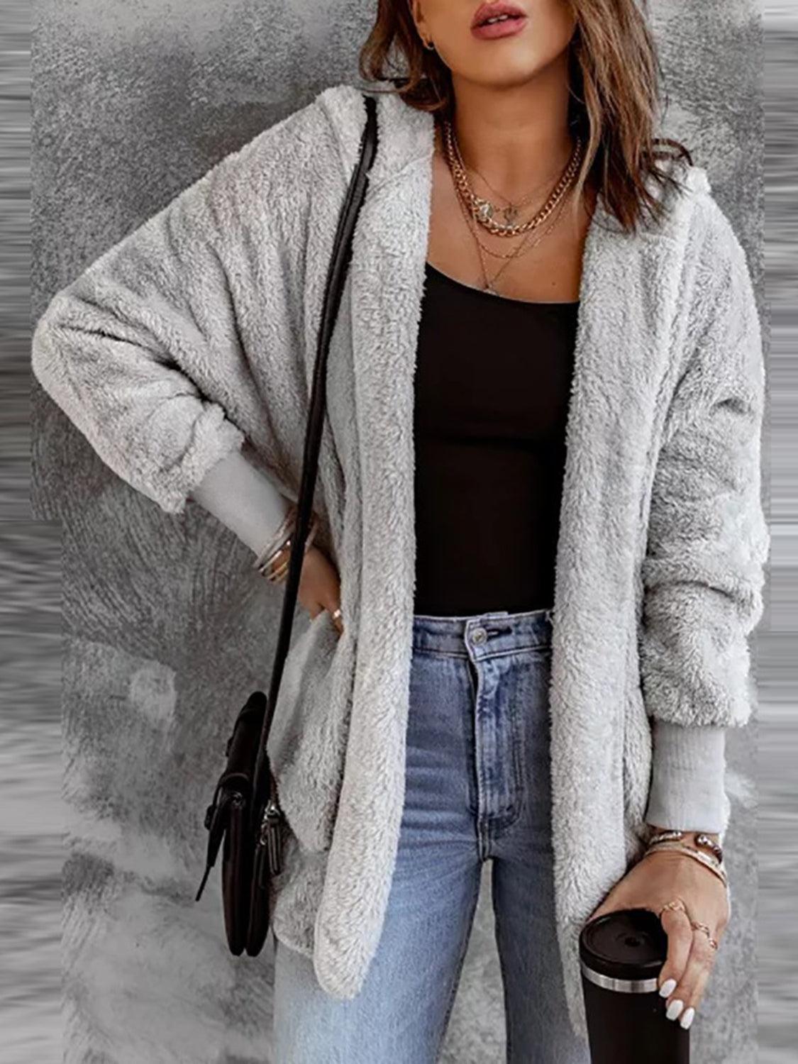 Open Front Hooded Faux Fur Outwear with Pockets