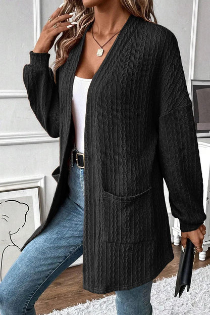 Textured Pocketed Open Front Long Sleeve Cover Up