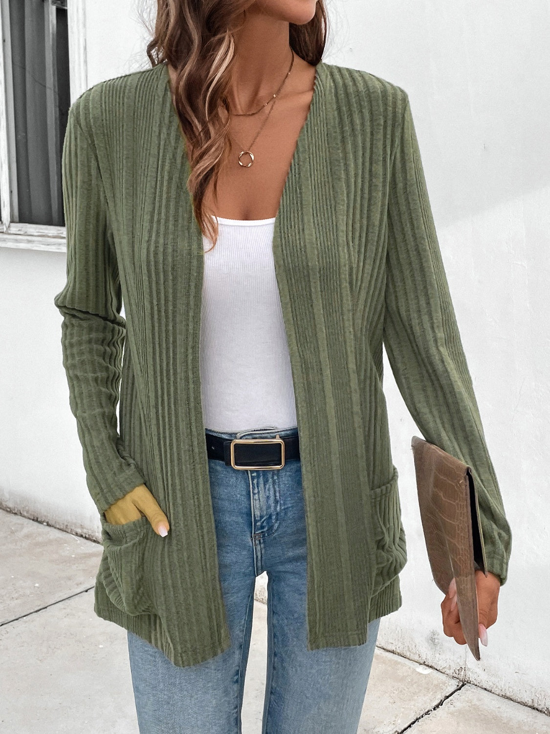 Pocketed Open Front Long Sleeve Cardigan