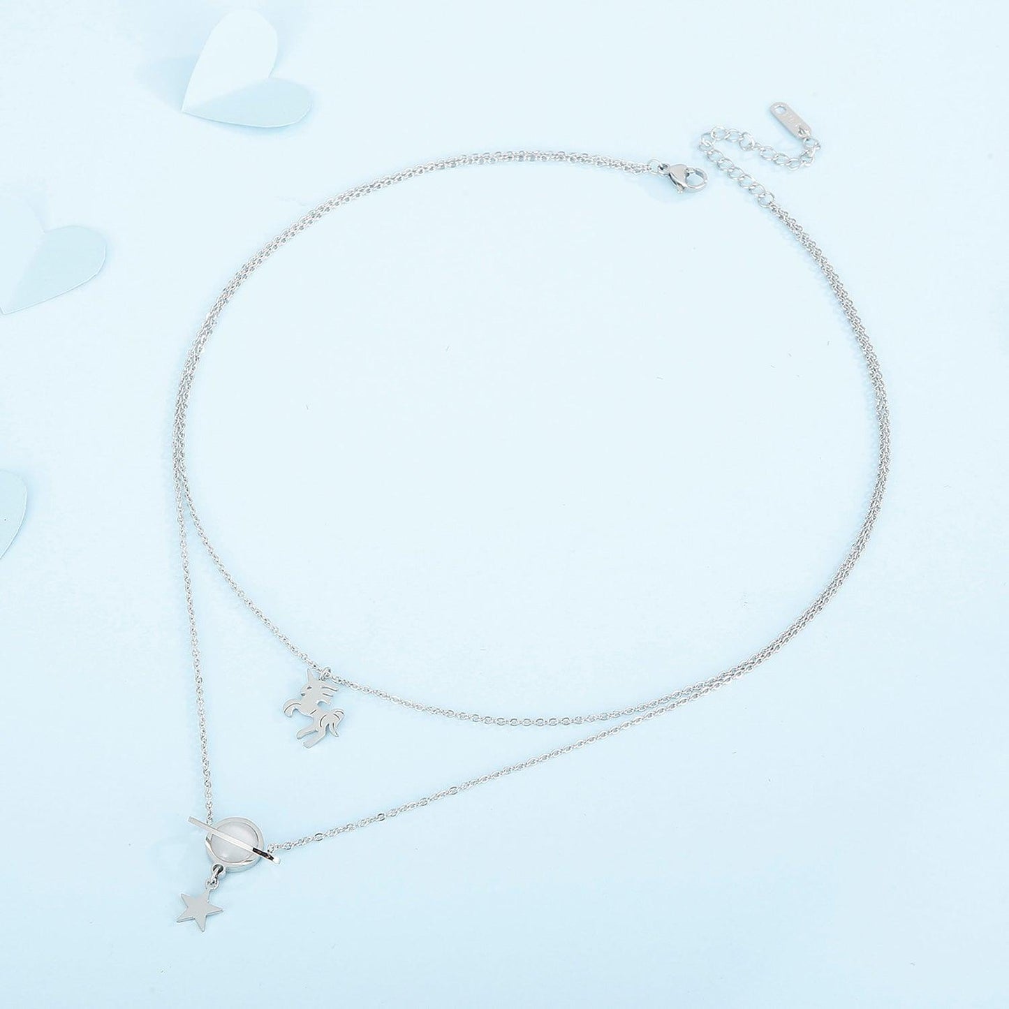 Unicorn and Star Shape Double-Layered Pendant Necklace