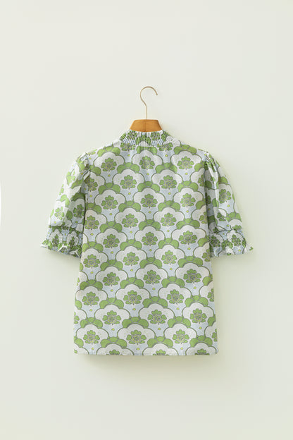 Green Floral Clouds Ruffled Short Sleeve Summer Blouse