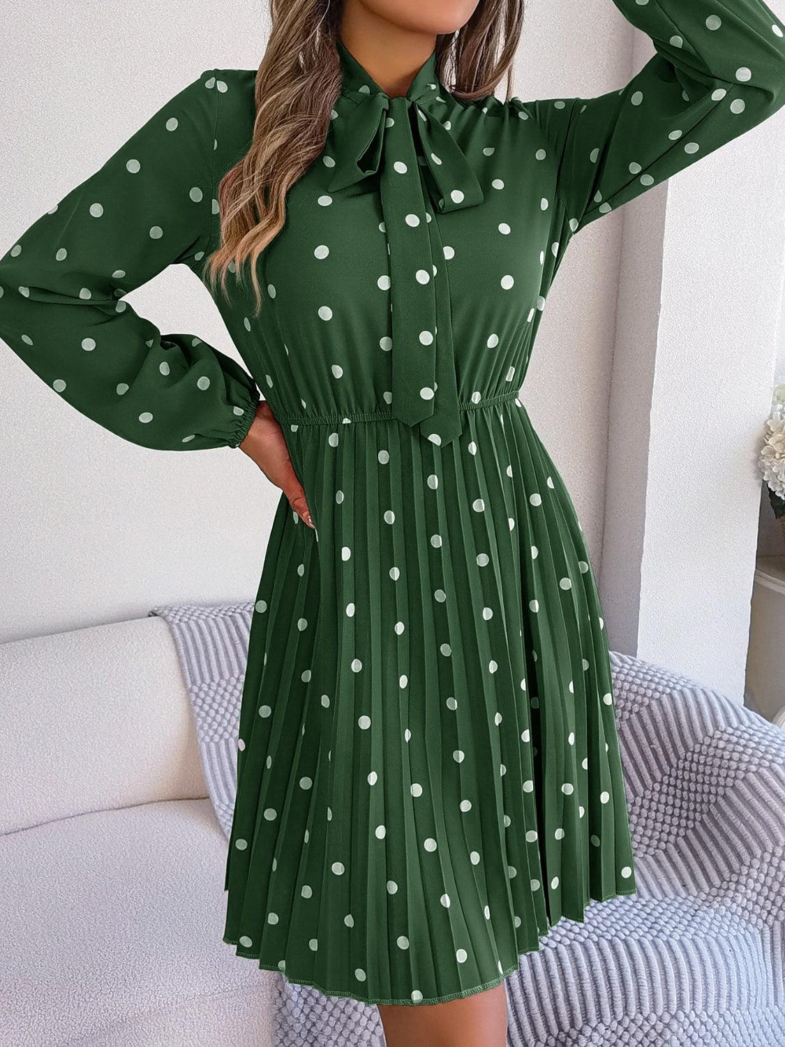 Polka Dot Tie Neck Pleated Dress