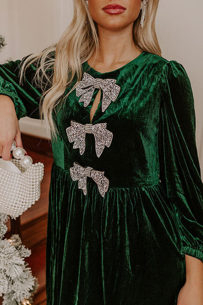 Evergreen Bowknot Decor High Waist Velvet Mini Dress