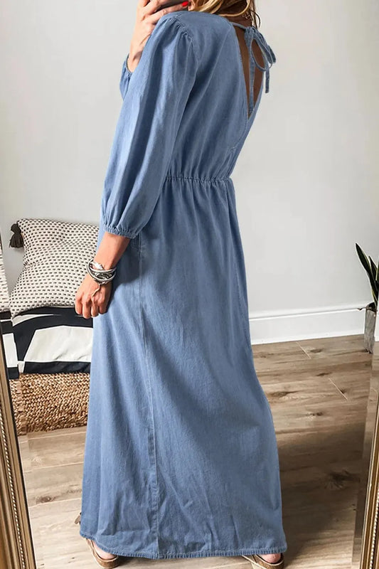 Tied Plunge Three-Quarter Sleeve Denim Dress Carauana Store
