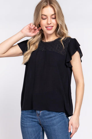 ACTIVE BASIC Ruffle Short Sleeve Crochet Blouse