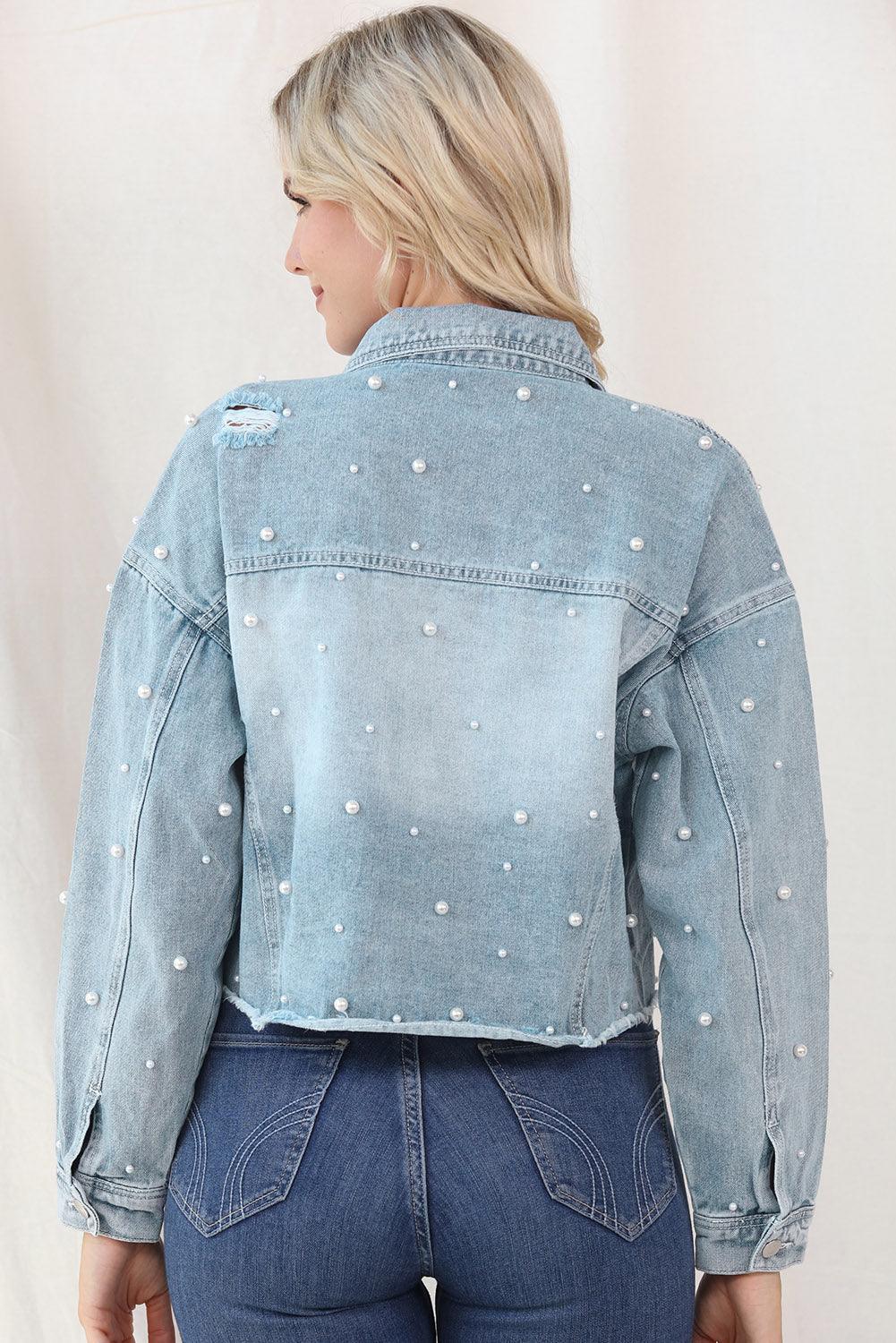 Distressed Pearl Trim Button Up Denim Jacket