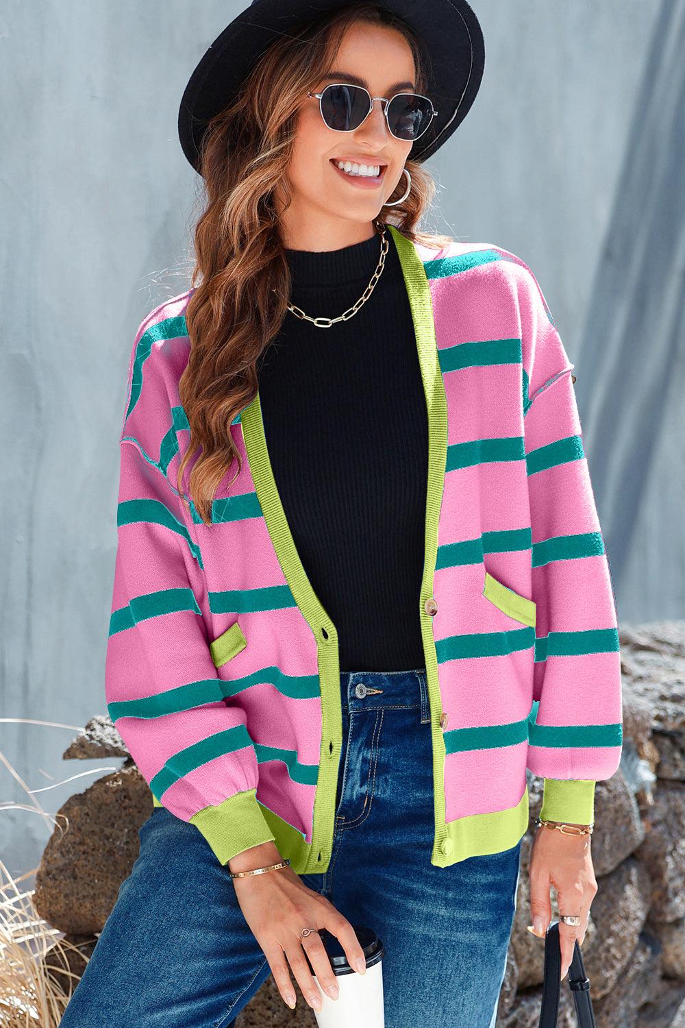 Striped Button Up Long Sleeve Cardigan