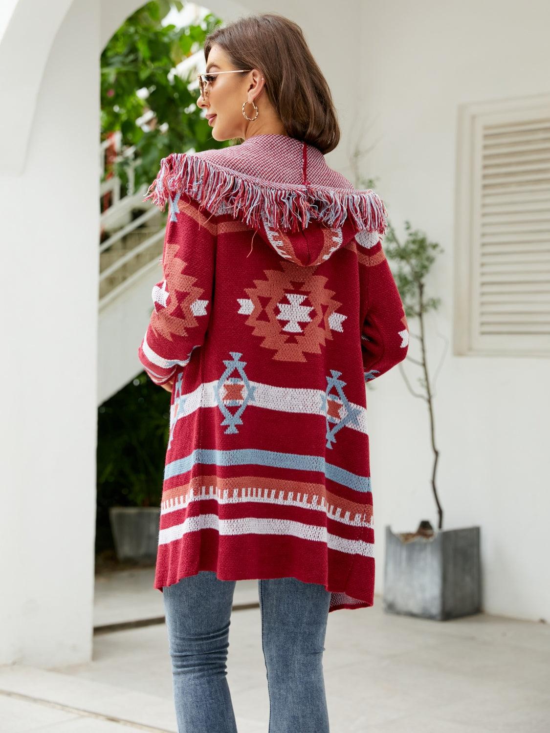 Fringe Geometric Hooded Long Sleeve Cardigan