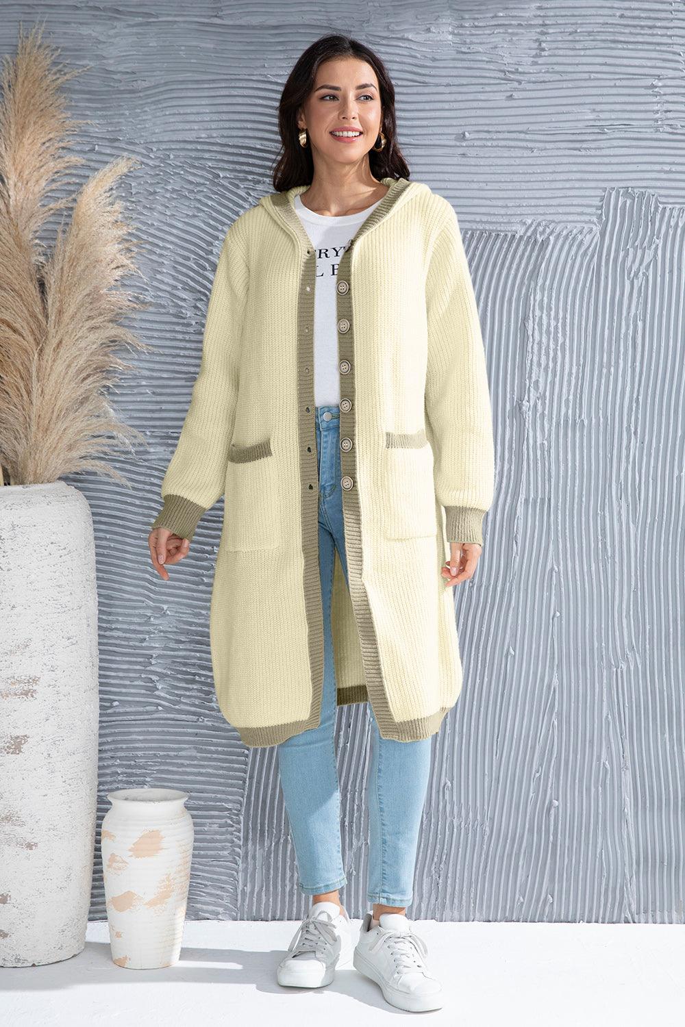 Button Up Contrast Trim Hooded Cardigan