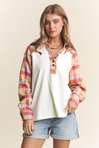 J.NNA Plaid Contrast Button Down Henley Top