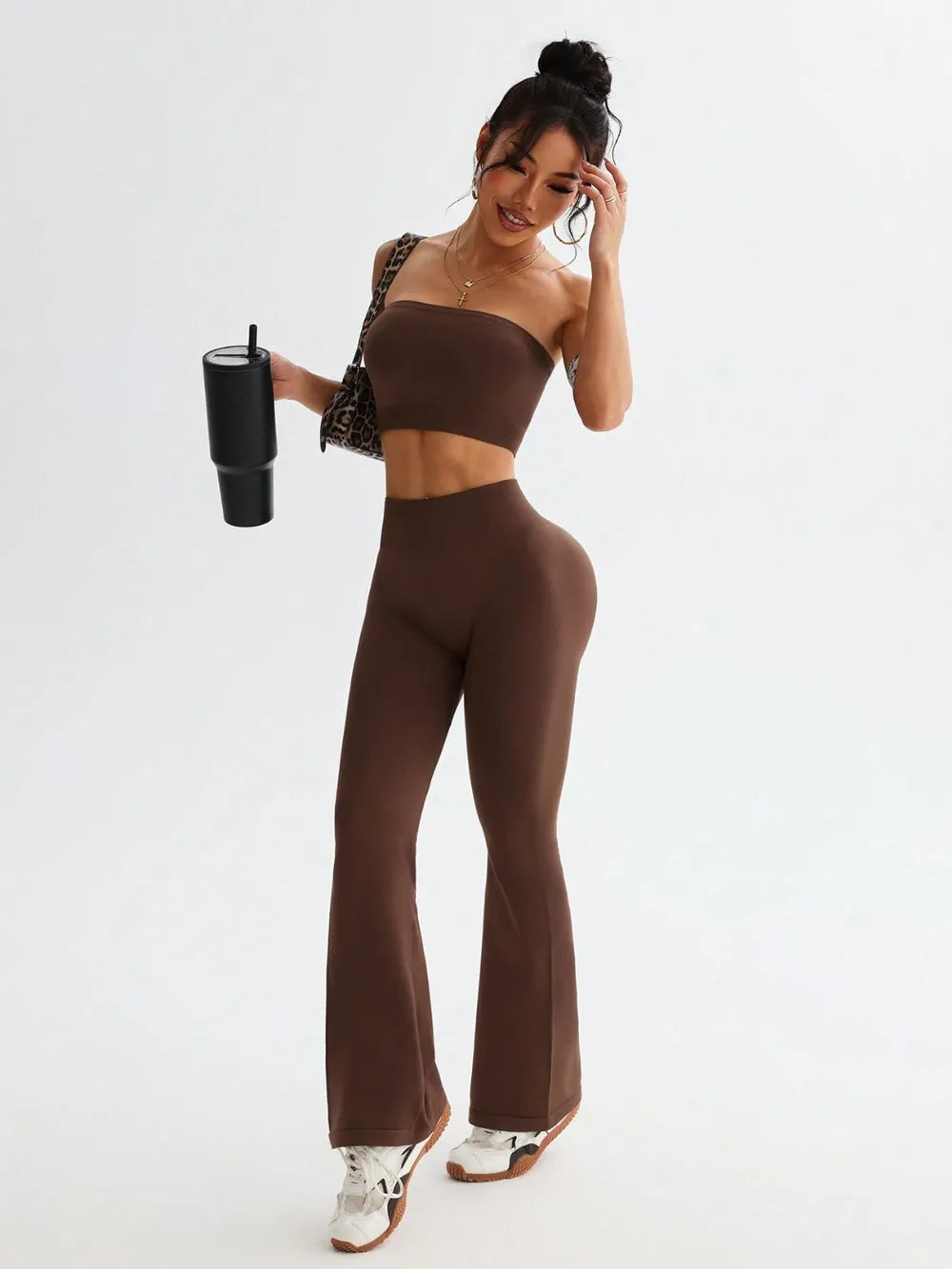 Tube Top and High Waist Flare Pants Active Set Carauana Store