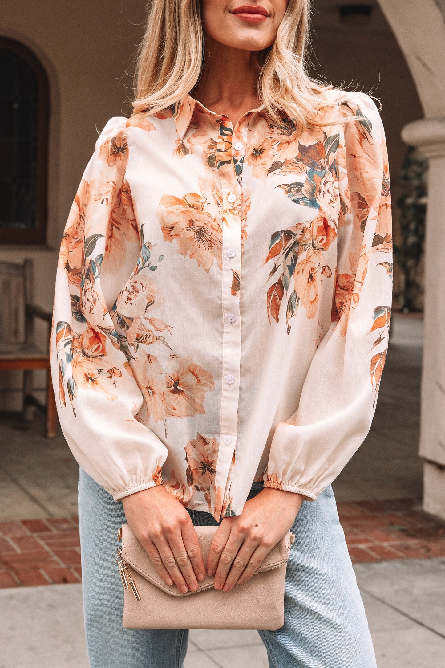 Orange Floral Puff Sleeve Lightweight Shirt