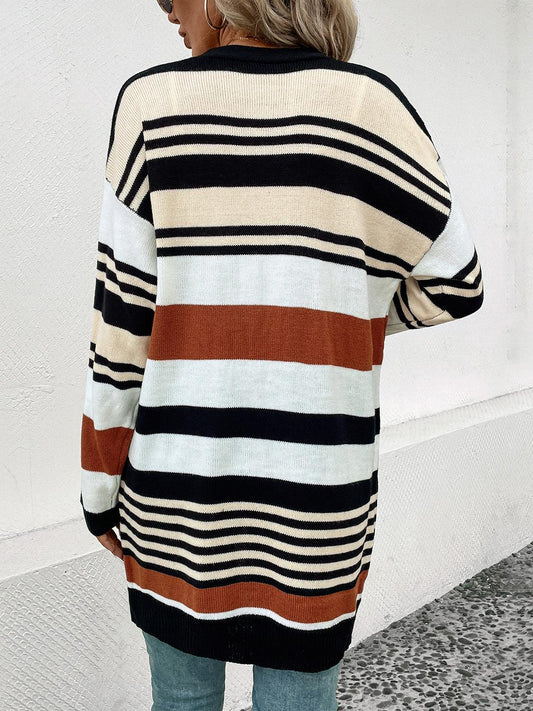 Perfee Striped Open Front Drop Shoulder Cardigan Carauana Store