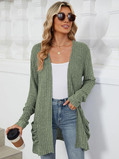 Pocketed Open Front Long Sleeve Cardigan