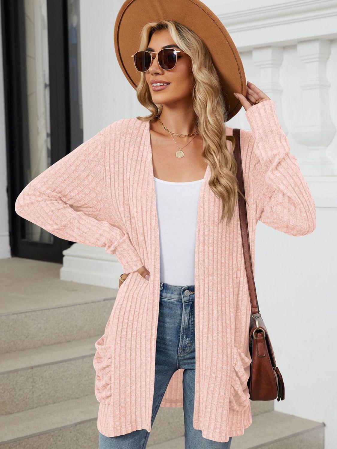 Pocketed Open Front Long Sleeve Cardigan