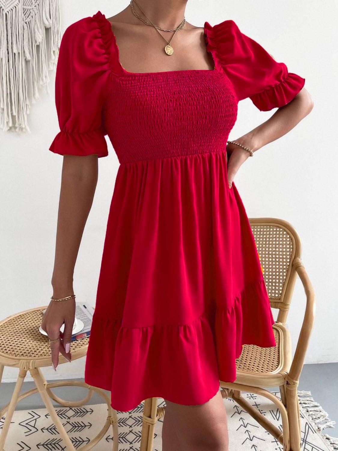 Smocked Square Neck Short Sleeve Dress