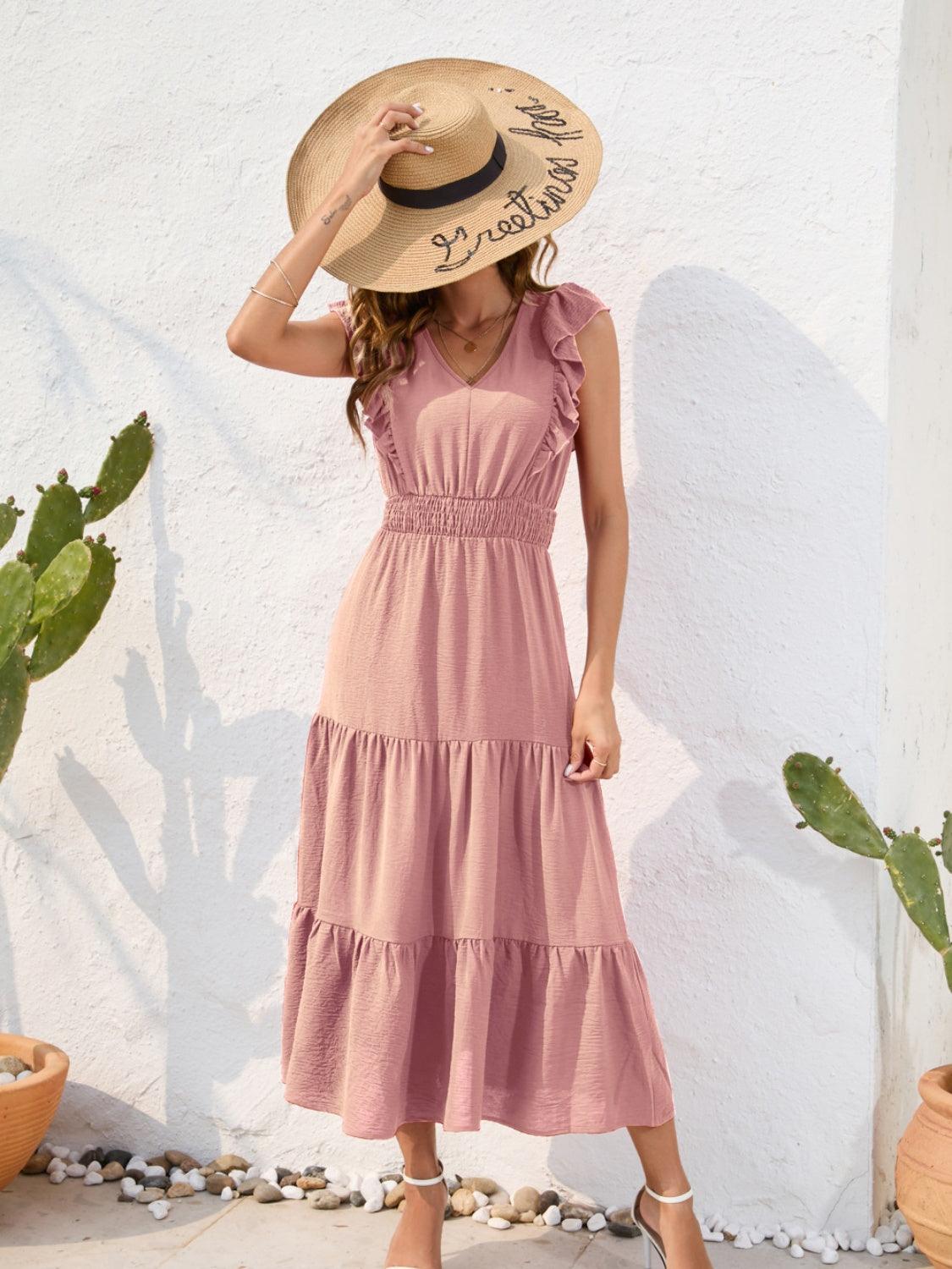 Tiered Ruffled V-Neck Cap Sleeve Dress