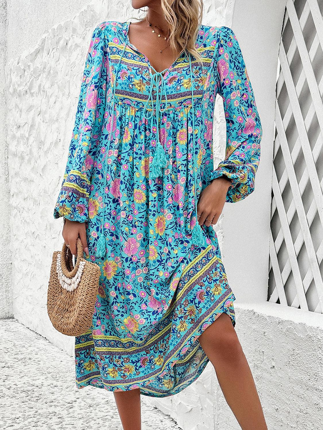 Tassel Tied Printed Long Sleeve Dress