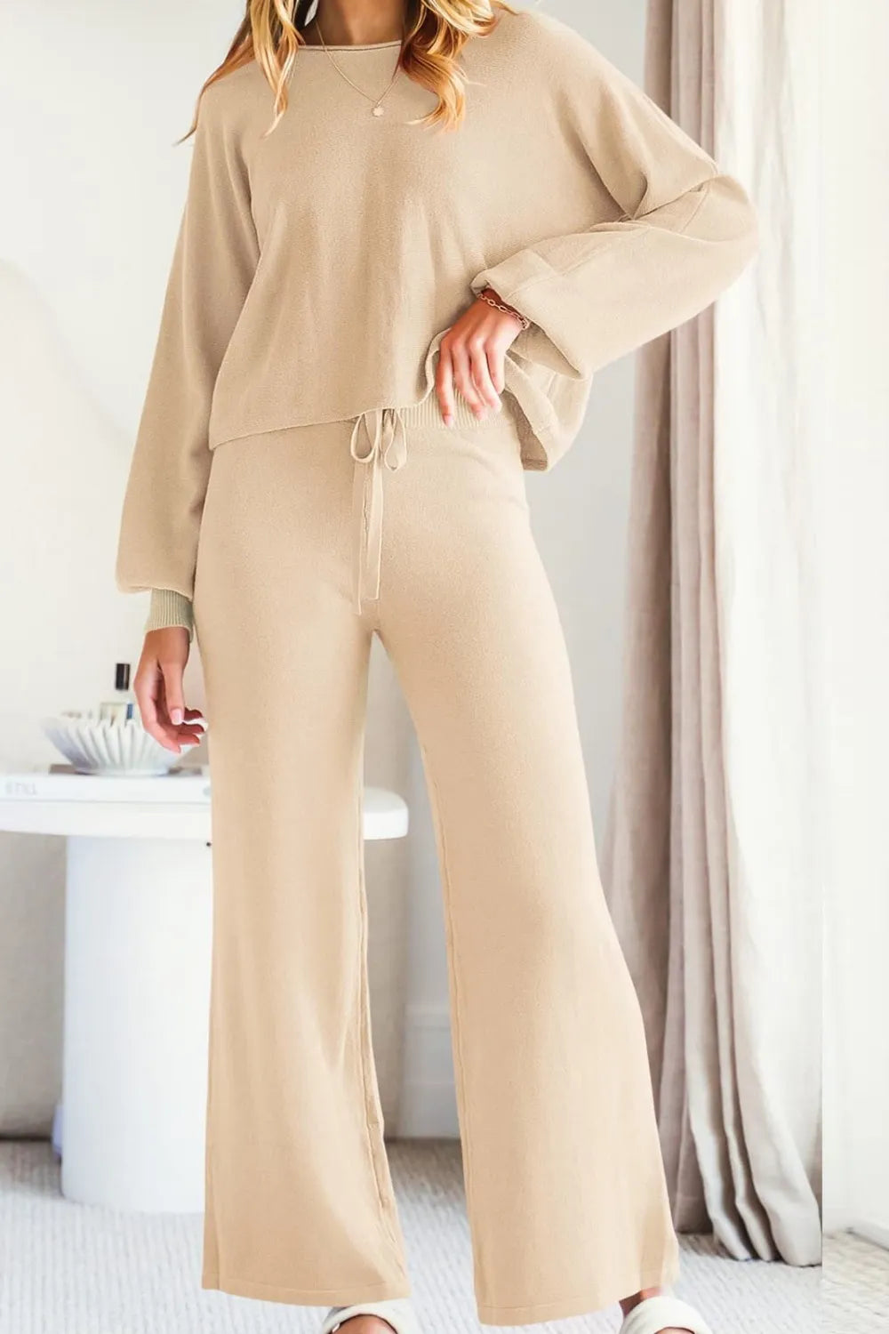 Round Neck Long Sleeve Top and Pants Set Carauana Store