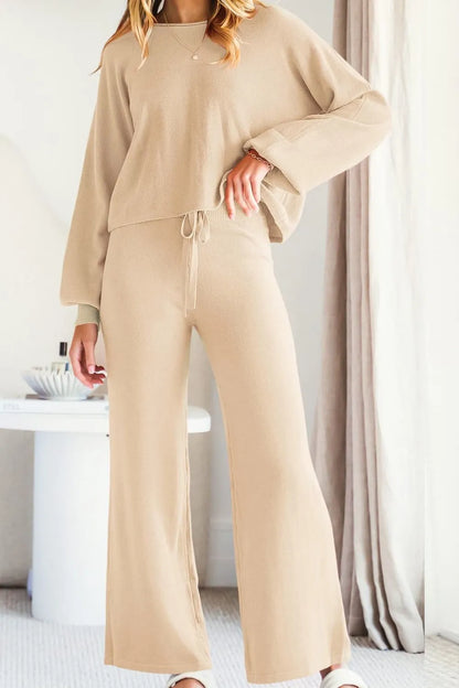 Round Neck Long Sleeve Top and Pants Set Carauana Store
