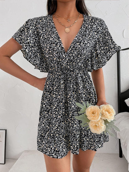 Cutout Ditsy Floral Surplice Flounce Sleeve Dress