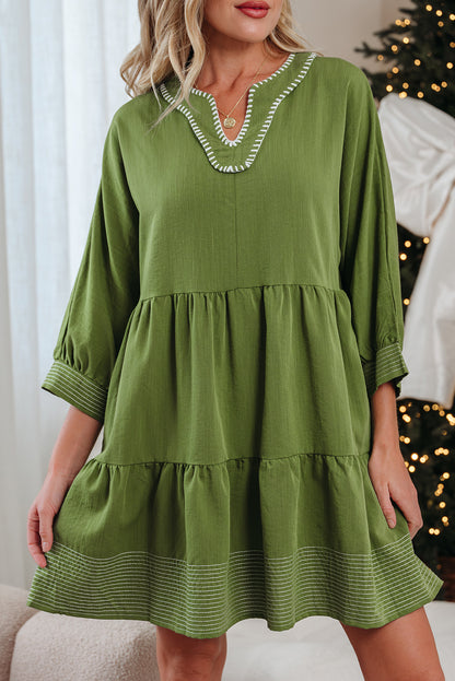 Jungle Green Contrast Stitched V Neck 3/4 Sleeve Tiered Mini Dress