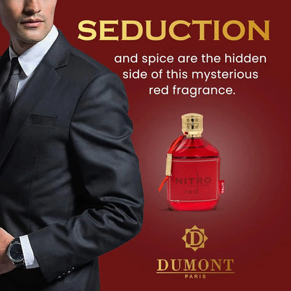 Advertisement for Dumont Paris perfume with a man in a suit and a red perfume bottle