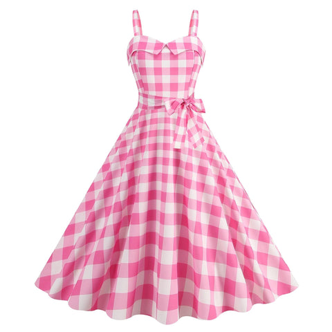 Barbie pink Dress -  with a pink plaid pattern 2023 - trendy Strapless Cocktail Rockabilly Party Swing Sweet Girls for cocktail parties and rockabilly events