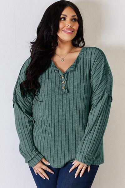 Basic Bae Full Size Ribbed Half Button Long Sleeve Shirt