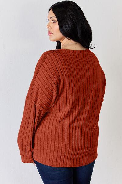 Basic Bae Full Size Ribbed Half Button Long Sleeve Shirt