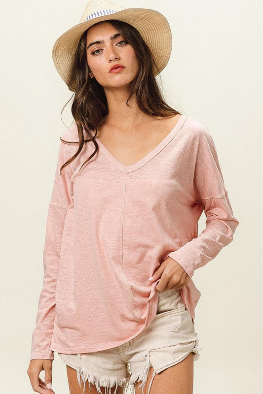 BiBi Exposed Seam V-Neck Long Sleeve T-Shirt Carauana Store