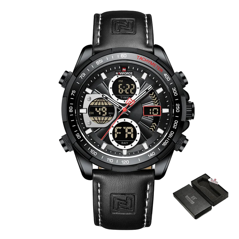 Black Naviforce watch with digital and analog display